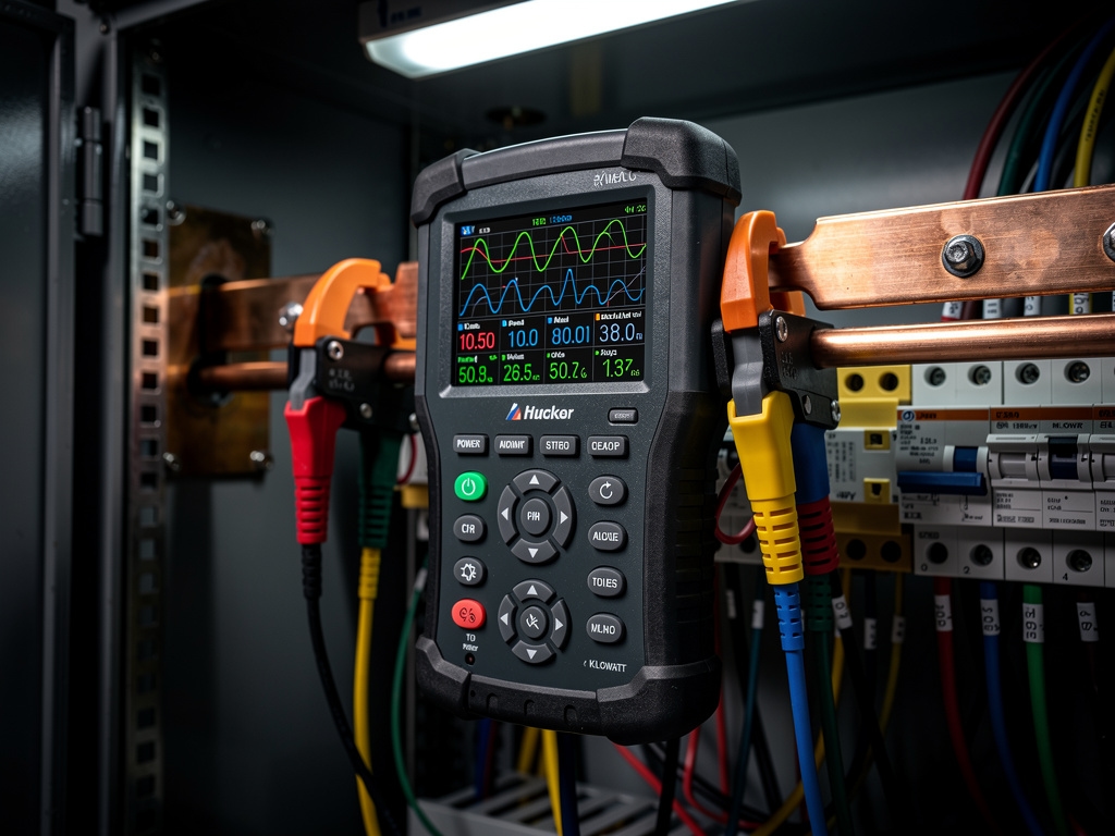 Analizador de redes eléctrico instalado en tablero de distribución industrial mostrando datos de consumo en pantalla