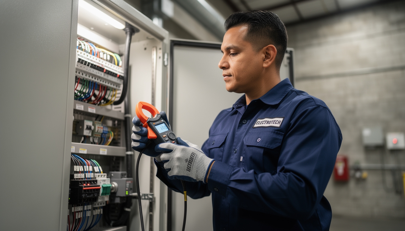Auditor energético midiendo consumo eléctrico con analizador de redes en tablero industrial