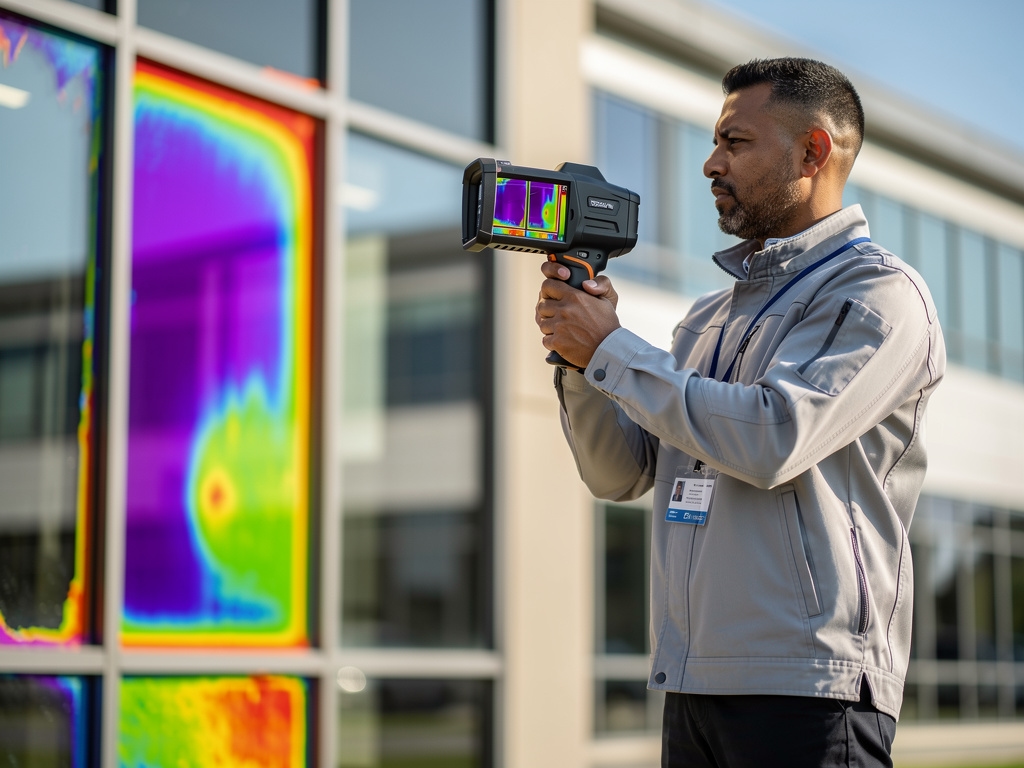 Auditor usando cámara termográfica de alta resolución para inspeccionar fachada de edificio comercial