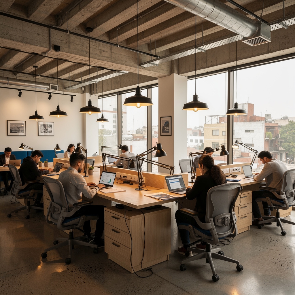 Espacio de coworking moderno con mesas de trabajo amplias, buena iluminación y equipamiento técnico en Guadalajara