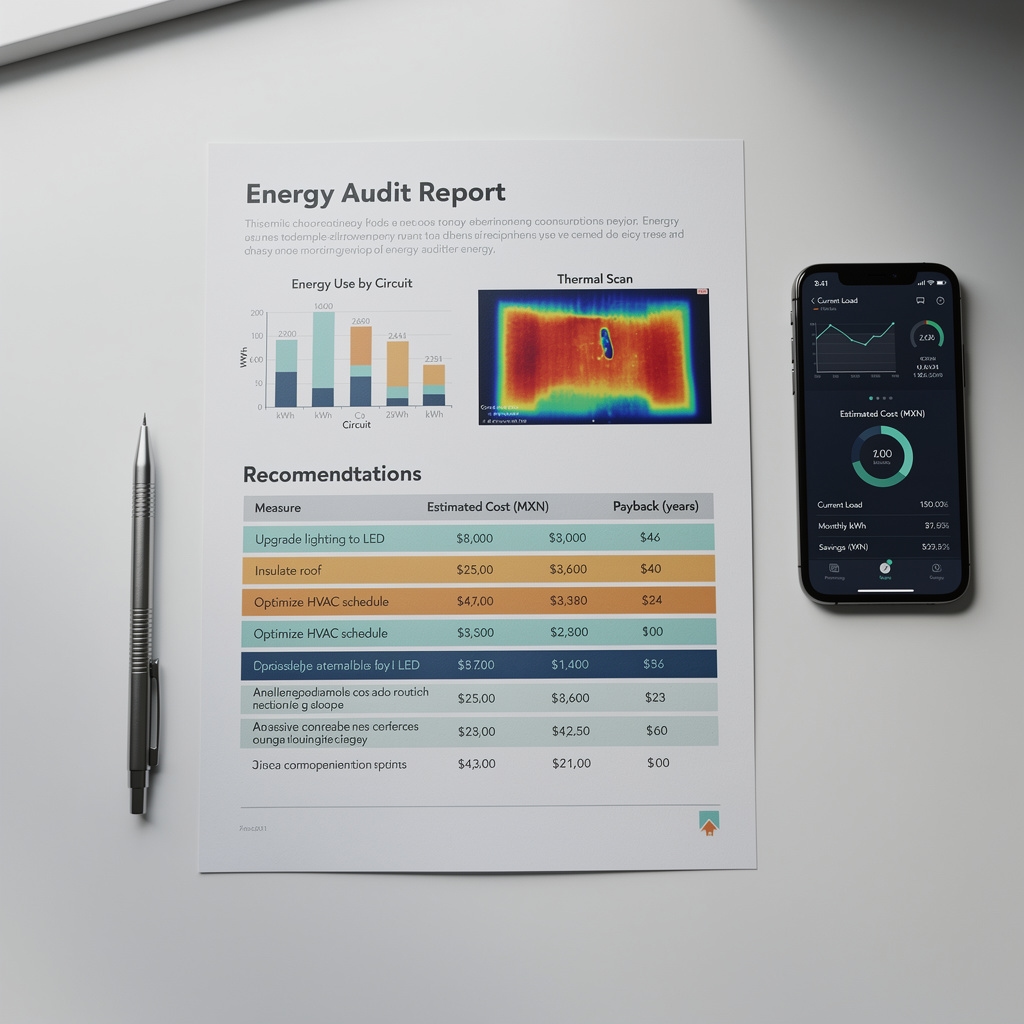 Informe de auditoría energética sobre mesa con gráficas de consumo y tabla de recomendaciones ordenadas por ROI