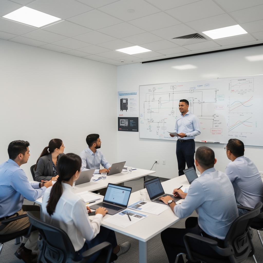 Facilitador impartiendo taller sobre medición energética a grupo de profesionales en sala de capacitación