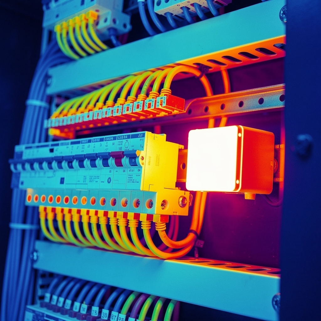 Imagen termográfica de panel eléctrico mostrando diferencias de temperatura